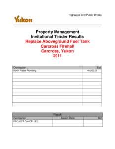Highways and Public Works  Property Management Invitational Tender Results Replace Aboveground Fuel Tank Carcross Firehall