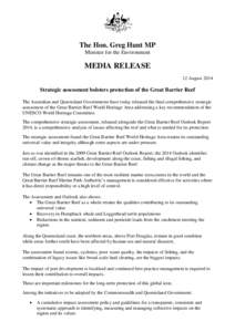 Strategic assessment bolsters protection of the Great Barrier Reef - media release 12 August 2014