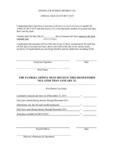 ENUMCLAW SCHOOL DISTRICT 216 ANNUAL SICK LEAVE BUY OUT I understand that I must have a minimum of 60 days accrued sick leave to qualify for ANNUAL BUY OUT and that twelve (12) is the maximum number of accrued sick days t