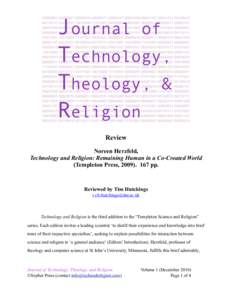 Review Noreen Herzfeld, Technology and Religion: Remaining Human in a Co-Created World (Templeton Press, pp.  Reviewed by Tim Hutchings