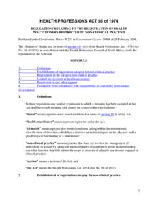 HEALTH PROFESSIONS ACT 56 of 1974 REGULATIONS RELATING TO THE REGISTRATION OF HEALTH PRACTITIONERS RESTRICTED TO NON-CLINICAL PRACTICE Published under Government Notice R.223 in Government Gazetteof 29 February 20