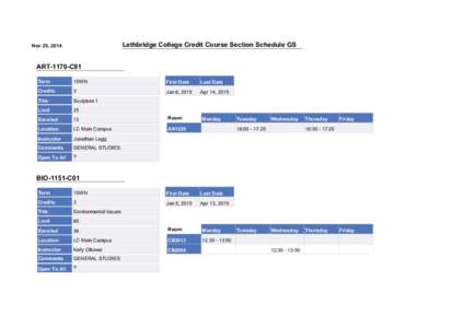 Lethbridge College Credit Course Section Schedule GS  Nov 25, 2014 ART-1170-C91 Term