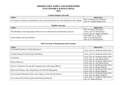 DISSERTATION TOPICS AND SUPERVISORS IN ECONOMICS SCIENCE FIELD 2013 Vytautas Magnus University Topics Investigation of financial relationships at macro and institutional levels and modelling of their changes