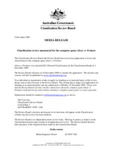 Microsoft Word - Media release - announcing review of Aliens vs Predator - 8 December 2009.doc