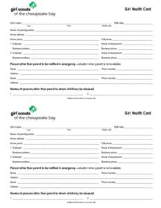 Girl Health Card Girl’s name __________________________________________________________________________ Last First