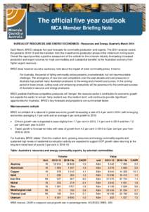 The official five year outlook MCA Member Briefing Note BUREAU OF RESOURCES AND ENERGY ECONOMICS - Resources and Energy Quarterly March 2014 Each March, BREE releases five year forecasts for commodity production and expo