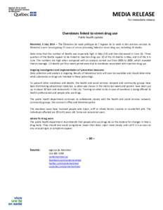 MEDIA RELEASE For immediate release Overdoses linked to street drug use Public health update Montréal, 3 July 2014 – The Direction de santé publique de l’Agence de la santé et des services sociaux de