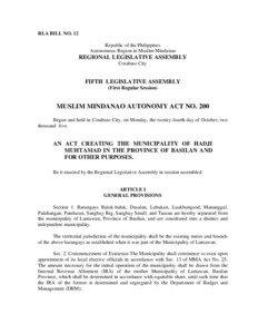 RLA BILL NO. 12 Republic of the Philippines Autonomous Region in Muslim Mindanao