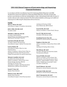 2014 AGA Clinical Congress of Gastroenterology and Hepatology Financial Disclosures In accordance with the Accreditation Council for Continuing Medical Education’s (ACCME) Standards for Commercial Support for Continuin