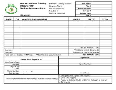 New Mexico State Forestry  Wildland RMP  Fire Reimbursement Form  EMNRD – Forestry Division  Cimarron District 