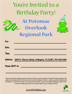 You’re Invited to a Birthday Party! At Potomac Overlook Regional Park For: