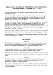 DECLARATION CONCERNING THE PROTECTION OF MINORITIES IN LITHUANIA (SIGNED AT GENEVA, MAY 12, 1922) Whereas the Assembly of the League of Nations adopted the following resolution on