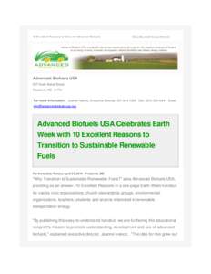 10 Excellent Reasons to Move to Advanced Biofuels  View this email in your browser Advanced Biofuels USA 507 North Bentz Street