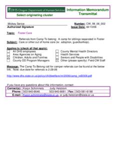 Oregon Department of Human Services Information Memorandum, Camp To Belong