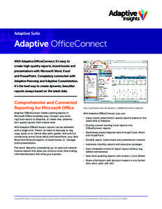 With Adaptive OfficeConnect, it’s easy to create high-quality reports, board books and presentations with Microsoft Word, Excel and PowerPoint. Completely connected with Adaptive Planning and Adaptive Consolidation, it