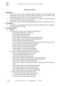 INTERNATIONAL TRIATHLON UNION  ITU Points List Criteria 1. PURPOSE: 1.1. ITU Points List will be used to determine athletes’ eligibility to enter ITU Triathlon World Championship Series events, ITU Triathlon World Cup 