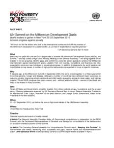 FACT SHEET  UN Summit on the Millennium Development Goals World leaders to gather in New York 20–22 September 2010 to boost progress against poverty “We must not fail the billions who look to the international commun