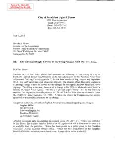 Received On: May 9, 2014 IURC 30-Day Filing No.: 3239 Indiana Util ity Regulatory Co mm ission  City of Frankfort Light & Power