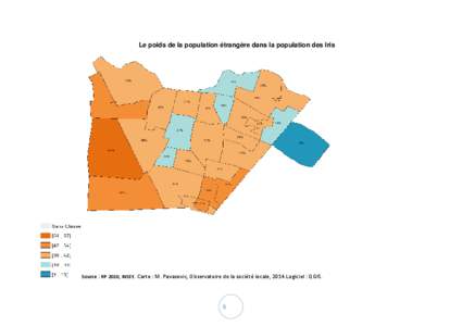 Le poids de la population étrangère dans la population des Iris  Source : RP 2010, INSEE. Carte : M. Pavasovic, Observatoire de la société locale, 2014.Logiciel : QGIS. 8