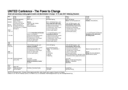 UNITED Conference - The Power to Change Action and awareness-raising against racism and discrimination in EuropeJune 2001 Göteborg (Sweden) TIME Saturday 9 June