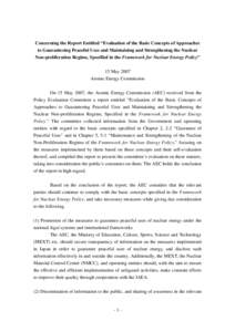 Concerning the Report Entitled “Evaluation of the Basic Concepts of Approaches to Guaranteeing Peaceful Uses and Maintaining and Strengthening the Nuclear Non-proliferation Regime, Specified in the Framework for Nuclea