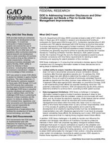 GAO[removed]Highlights, FEDERAL RESEARCH: DOE Is Addressing Invention Disclosure and Other Challenges but Needs a Plan to Guide Data Management Improvements