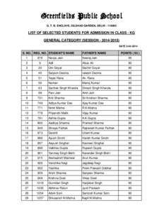 Greenfields Public School G. T. B. ENCLAVE, DILSHAD GARDEN, DELHI[removed]LIST OF SELECTED STUDENTS FOR ADMISSION IN CLASS - KG GENERAL CATEGORY (SESSION[removed]DATE[removed]