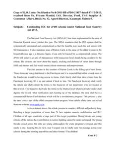 Copy of D.O. Letter No.Khadya-Ne[removed]III-ePDS[removed]dated[removed], received from Sh. Priyatu Mandal, IAS, Director, Food, Civil Supplies & Consumer Affairs, Block No. 42, Apurti Bhawan, Kasumpti, Shimla-9. Subject: