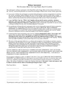 Release Agreement This Document Affects Your Legal Rights, Read It Carefully The undersigned, wishing to participate in the Sleigh Ride and/or Buggy Ride activities (herein referred to as the 