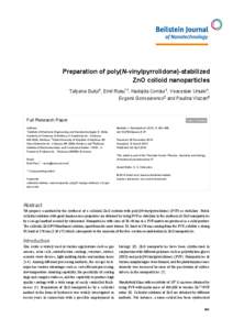 Preparation of poly(N-vinylpyrrolidone)-stabilized ZnO colloid nanoparticles Tatyana Gutul1, Emil Rusu*1, Nadejda Condur1, Veaceslav Ursaki1,