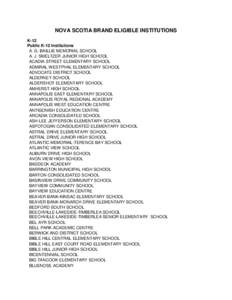 NOVA SCOTIA BRAND ELIGIBLE INSTITUTIONS K-12 Public K-12 Institutions A. G. BAILLIE MEMORIAL SCHOOL A. J. SMELTZER JUNIOR HIGH SCHOOL ACADIA STREET ELEMENTARY SCHOOL