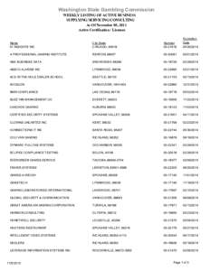 Washington State Gambling Commission WEEKLY LISTING OF ACTIVE BUSINESS SUPPLYING/SERVICING/CONSULTING As Of November 05, 2013 Active Certification / Licenses