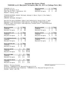 Lacrosse Box Score (Final) TOWSON vs #2 Maryland Terrapins (Mar 26, 2014 at College Park, Md.) TOWSON[removed]vs. Maryland Terrapins[removed]Date: Mar 26, 2014 • Attendance: 453 Weather: freezing, windy