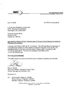 LER[removed]for Palisades Nuclear Plant, re Potential Loss of Primary Coolant Makeup Function for Postulated Fire Scenario.