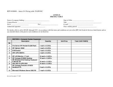 RFP #100888 – Annex D- Pricing table PASF/JOC ANNEX D PRICING TABLE Name of company bidding: _______________________________ Contact Person: ______________________________ Tel #: ______________________