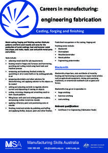 Careers in manufacturing: engineering fabrication Casting, forging and finishing Metal casting, forging and finishing workers fabricate patterns and form sand moulds and cores for the production of metal castings; heat a