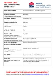 INTERNAL ONLY SESLHN PROCEDURE COVER SHEET NAME OF DOCUMENT  Legionnaire’s Disease: Patient Management