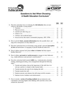 Questions to Ask When Choosing A Health Education Curriculum 1 YES  NO