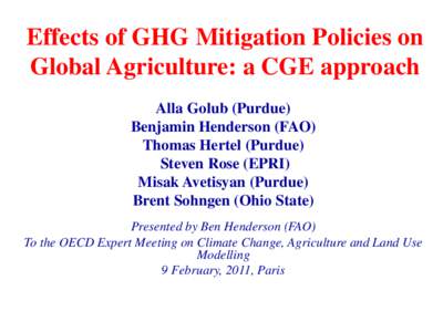 Effects of GHG Mitigation Policies on Global Agriculture: a CGE approach