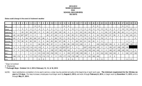 [removed]WORK SCHEDULE FOR SCHOOL BUS DRIVERS 183 DAYS Dates could change in the event of inclement weather