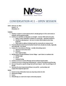 CONVERSATION #11 – OPEN SESSION DATE: February 14, 2012 Session: 11 Attendees: 15 THEMES: 1. Develop a system to communicate what is already going on in the community to