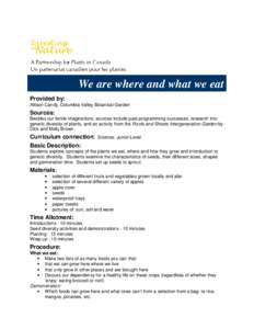 We are where and what we eat Provided by: Allison Candy, Columbia Valley Botanical Garden Sources: Besides our fertile imaginations, sources include past programming successes, research into