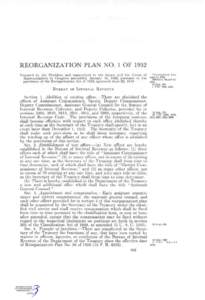 REORGANIZATION PLAN NO. 1 OF 1952 T r a n s m i t t e d JanPrepared by the President and t r a n s m i t t e d to the Senate and the House of 14,1952. Representatives in Congress assembled, J a n u a r y 14, 1952, pursua