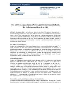 Communiqué de presse Conférence régionale des élus de Laval 1555, boul. Chomedey – bureau 220 Laval (Québec) H7V 3Z1[removed]removed]