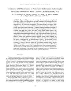 Bulletin of the Seismological Society of America, Vol. 92, No. 4, pp. 1403–1422, May[removed]Continuous GPS Observations of Postseismic Deformation Following the 16 October 1999 Hector Mine, California, Earthquake (Mw 7.