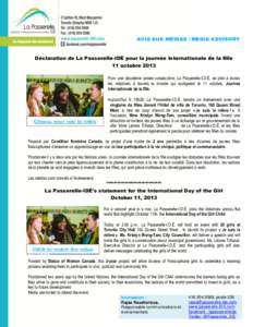 AVIS AUX MÉDIAS / MEDIA ADVISORY  Déclaration de La Passerelle-IDÉ pour la journée internationale de la fille 11 octobre 2013 Pour une deuxième année consécutive, La Passerelle-I.D.É. se joint à toutes les initi