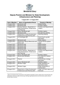 Ministerial Diary1 Deputy Premier and Minister for State Development, Infrastructure and Planning 1 August 2013 – 31 August[removed]Date of Meeting