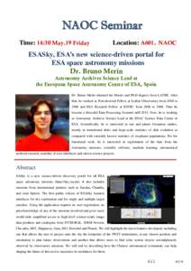 NAOC Seminar Time: 14:30 May.19 Friday Location: A601，NAOC  ESASky, ESA’s new science-driven portal for