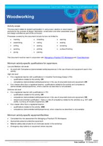 Woodworking Activity scope This document relates to student participation in using wood, plastics or wood-based products for the purpose of design, fabrication, construction and other associated project and design activi