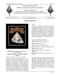 American Malacological Society Newsletter  Fall 2011 NEWSLETTER OF THE AMERICAN MALACOLOGICAL SOCIETY